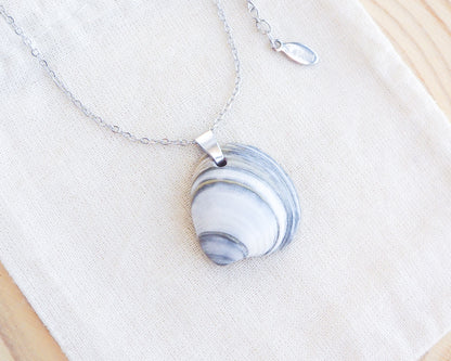 SEASHELL NECKLACE ~ Silver Denim Striped Venus Shell
