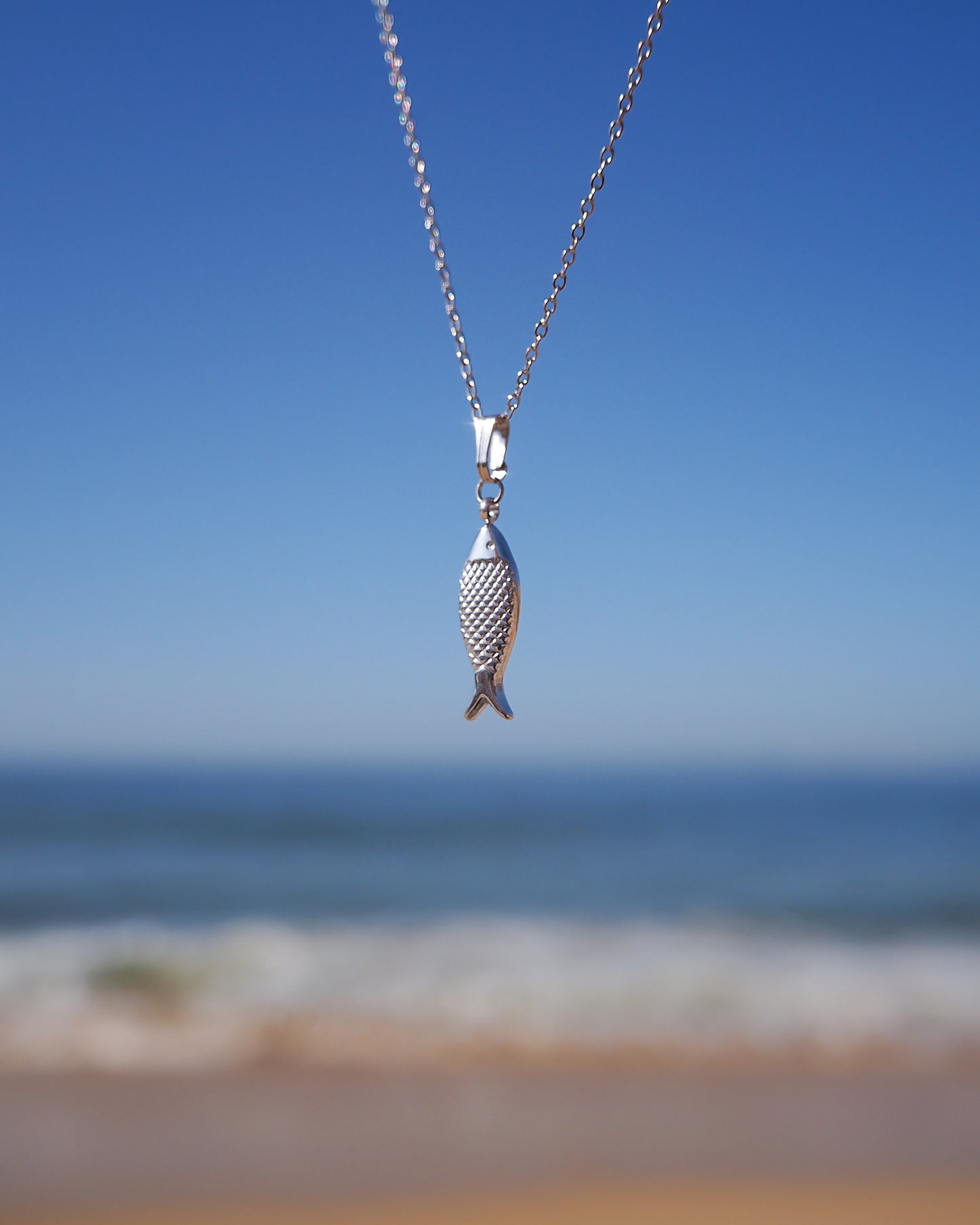 Silver fish pendant necklace against a beach backdrop with blue sky and ocean.