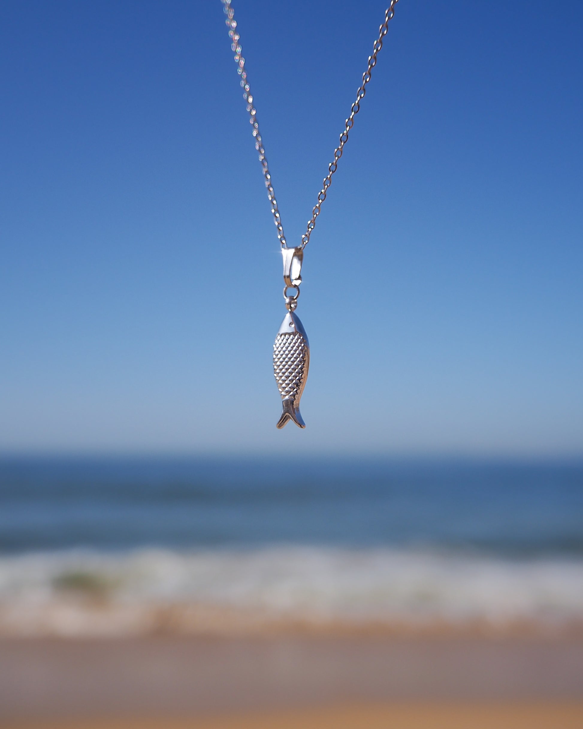 Silver fish pendant necklace against a beach backdrop with blue sky and ocean.