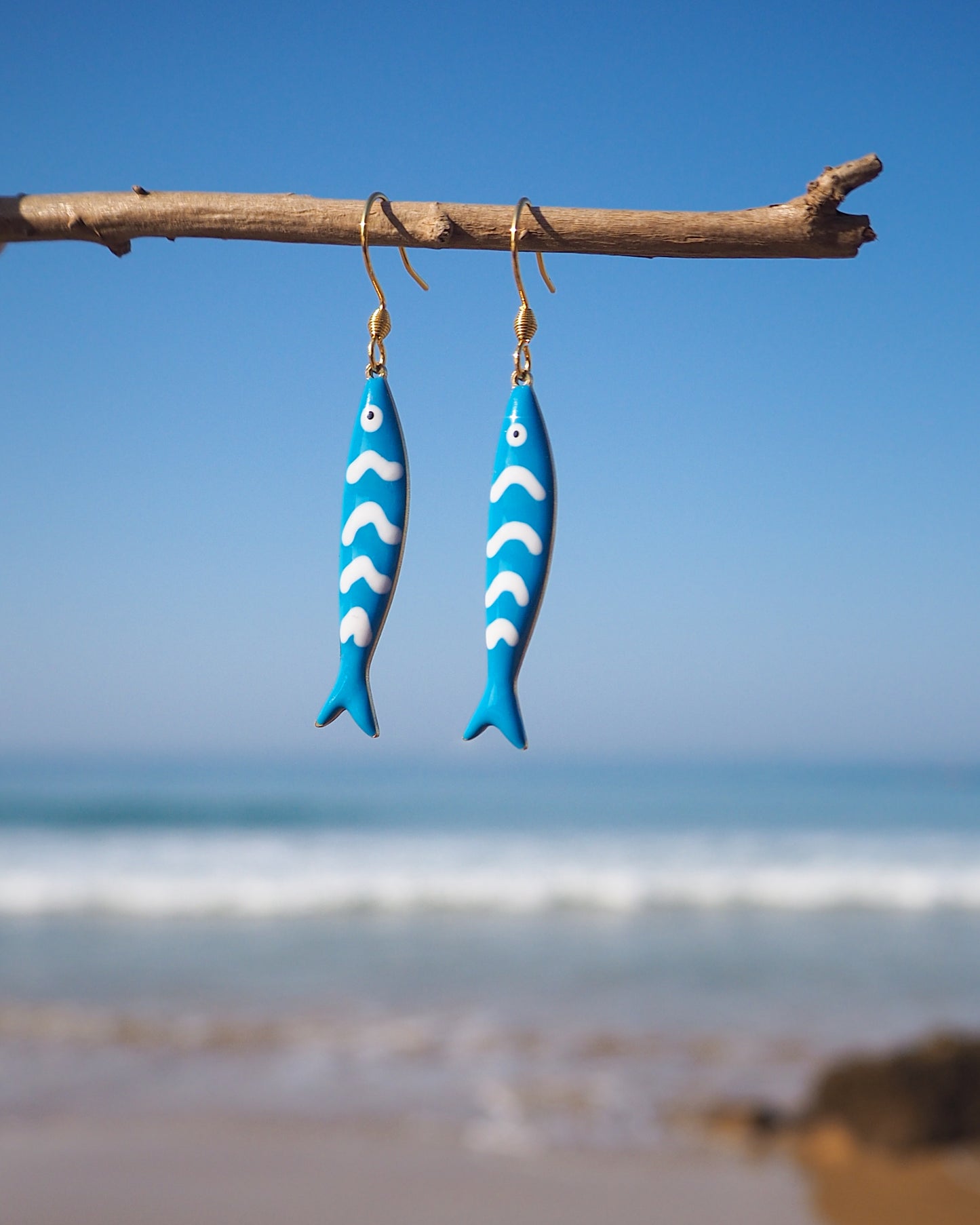 Blue Sardine Fish Earrings with ocean background. 14k gold stainless steel earring hooks, Beautiful gift for Portugal lovers or holiday memory, coastal jewelry from Portugal