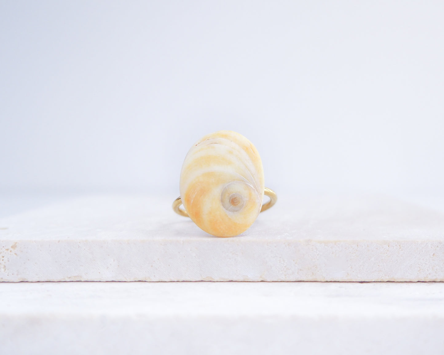 Shiva Eye ring on a white surface. Orange Yellow Eye of Saint Lucia Shell Gold Ring displayed on stone close up, Handcrafted Orange Shiva Eye Ring, Real Shiva Eye from Portugal, Handpicked eye of saint lucia, gold stainless steel ring