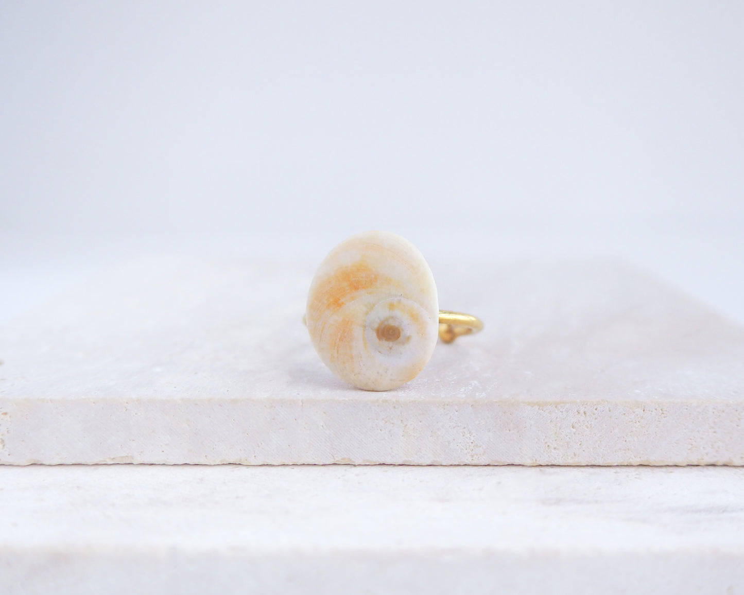 Soft yellow shiva eye ring on a white surface. Orange Yellow Eye of Saint Lucia Shell Gold Ring displayed on stone close up, Handcrafted Orange Shiva Eye Ring, Real Shiva Eye from Portugal, Handpicked eye of saint lucia, gold stainless steel ring