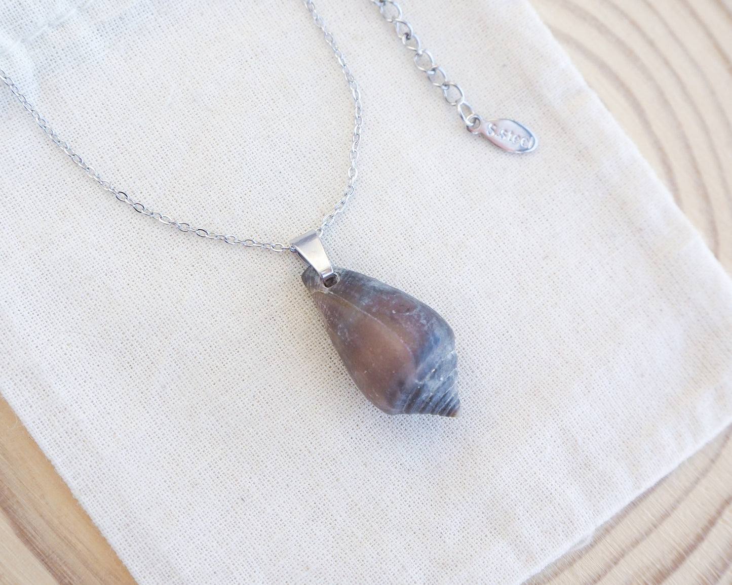 Shell pendant necklace on a white fabric background. Dark Mediterranean Cone Shell Silver Necklace on displayed, Silver stainless steel necklace with dark cone shell from Portugal, Dark Cone Shell pendant