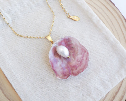 Fuchsia Pink Pearl Shell Necklace V displayed, Gold Pearly Pink Oyster Shell Necklace, Fuchsia Pink Pearly Shell handpicked from Portugal, Sea by Lou, Mother of Pearl Shell Portugal 
