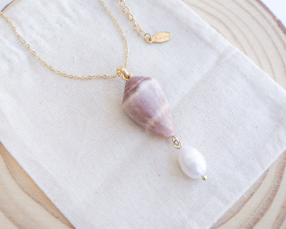 Mediterranean Cone Shell Pearl Necklace Reversed from Portugal on display, handpicked cone shell from Algarve, Freshwater pearl and 18k gold stainless steel chain