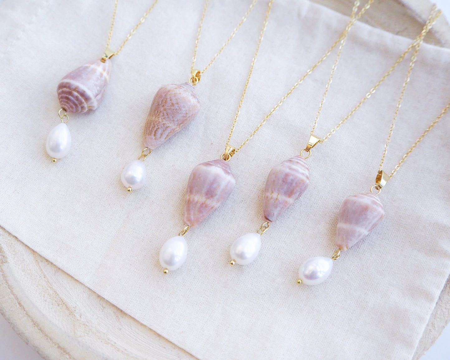 GOLD CONE SHELL PEARL NECKLACE ~ Ivory White Pearl Reversed