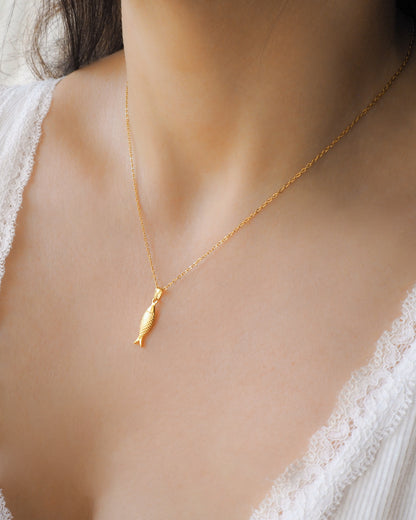 Gold Sardine Fish pendant necklace on a neck model, Sardine Fish Necklace, Christian Fish Jewelry, Pisces Zodiac Gift, Portuguese Sardine Jewelry, Gift for Portugal Lovers, 