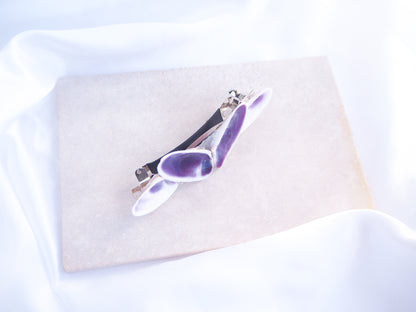 Front view of Purple Coquina Shells Butterfly Hair Clip Barrette on stone displayed, Purple Shells from Portugal, Handpicked Real Coquina Shells, Sea Butterfly Shell Hair Decoration, Seashell Wedding Hair Assocciares, Coastal Christmas gift, Beach Wedding Hair