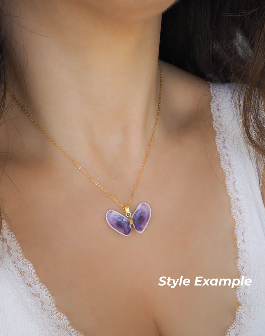Purple Coquina Sea Butterfly Shell Necklace on model