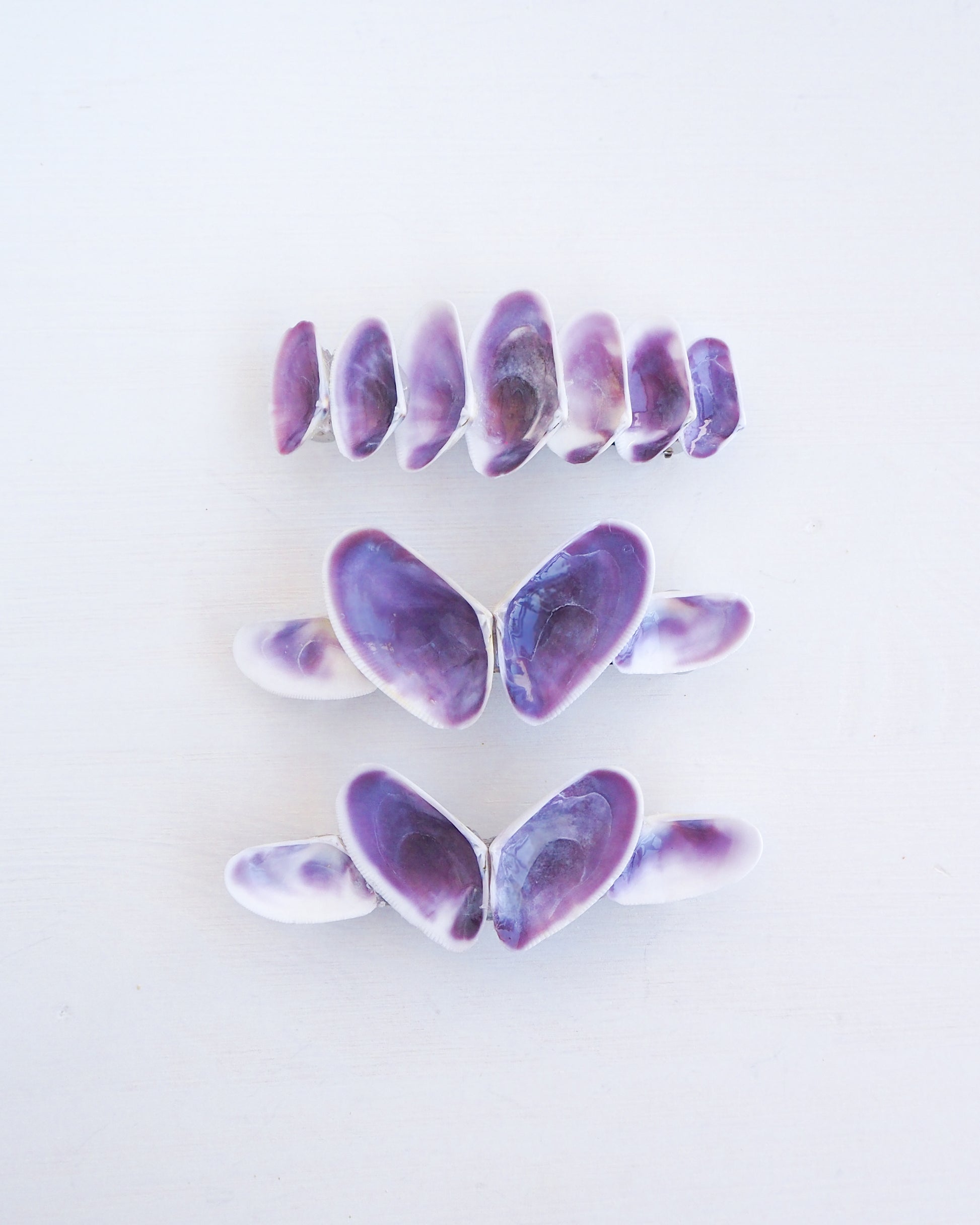 View of Purple Coquina Shells Butterfly Hair Clip Barrette on display, Purple Shells from Portugal, Handpicked Real Coquina Shells, Sea Butterfly Shell Hair Decoration, Seashell Wedding Hair Assocciares, Coastal Christmas gift, Beach Wedding Hair