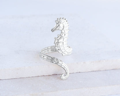 Silver Seahorse Ring on stone displayed, Hippocampus silver stainless steel ring, perfect gift for seahorse lovers