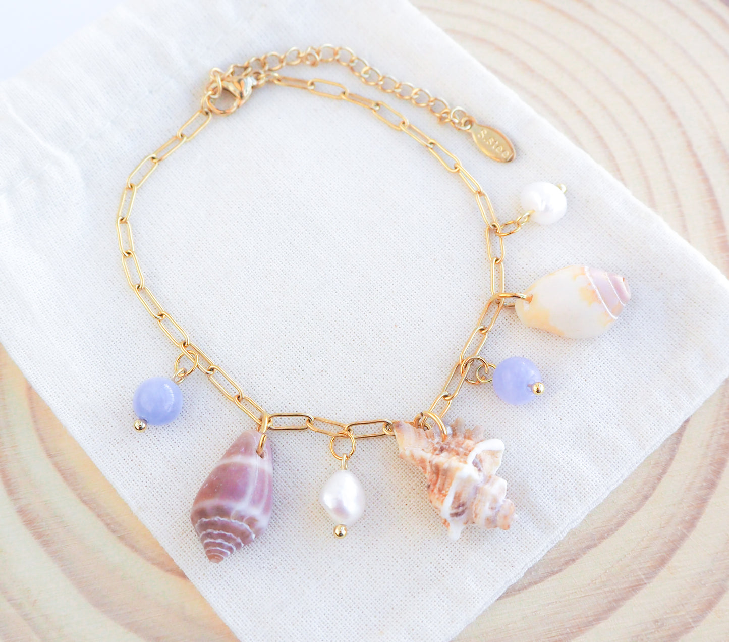 Real Shell Charm Bracelet with Pearls and Angelite Gemstones, Shells from Portugal 
