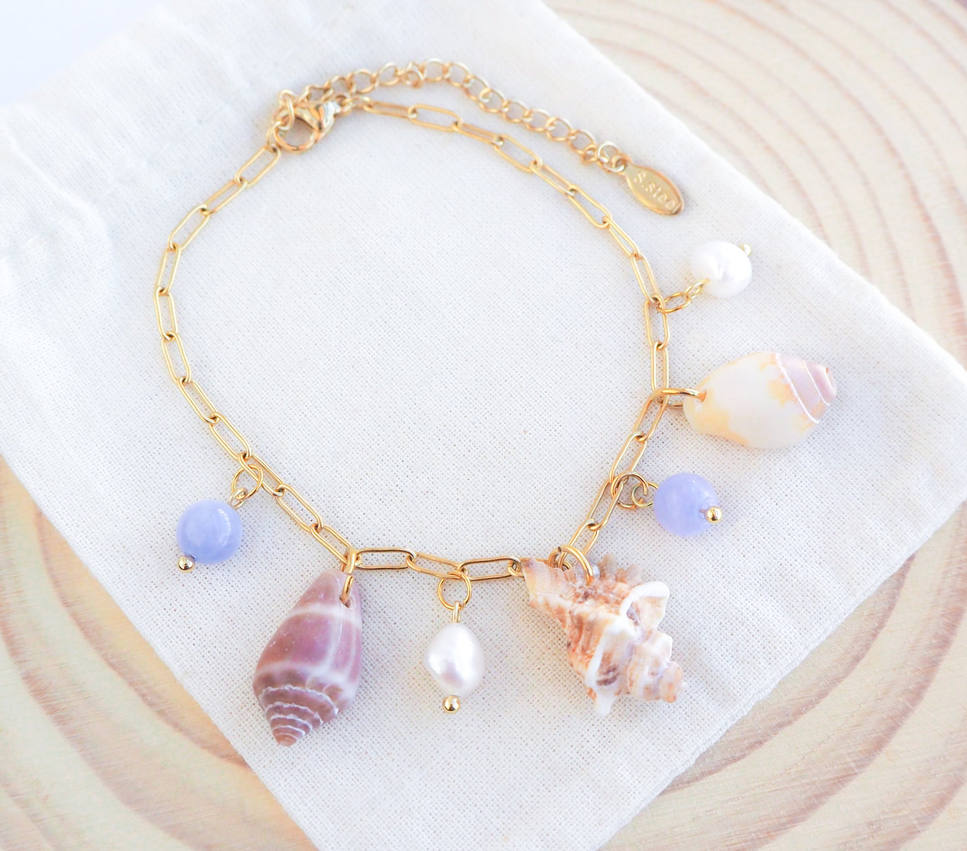 Real Shell Charm Bracelet with Pearls and Angelite Gemstones, Shells from Portugal 