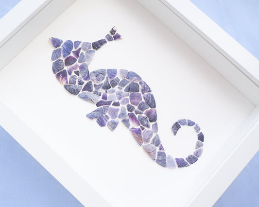 Blue Mussel Mosaic Seahorse Artwork front view, Seashell Mosaic Hippocampus Coastal Wall Art, Coastal Home Decor, Handmade Seashell Art with Blue Mussel Shells from Portugal