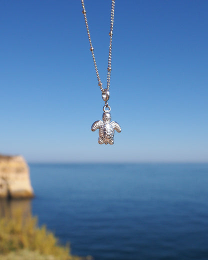 Silver Baby Turtle Necklace with ocean background 