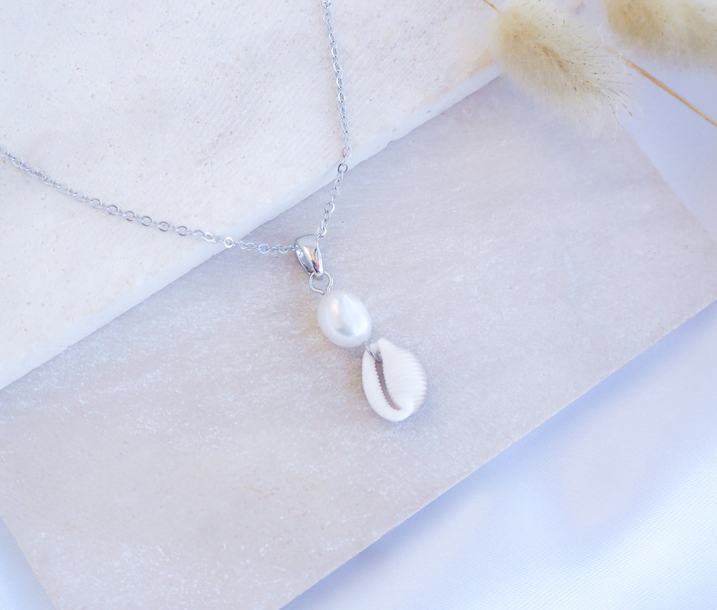 Silver Cowrie Shell Pearl wedding Necklace White Pearl  