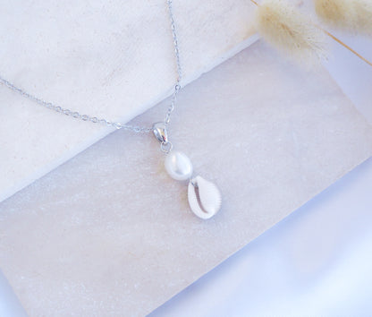 Silver Cowrie Shell Pearl wedding Necklace White Pearl  
