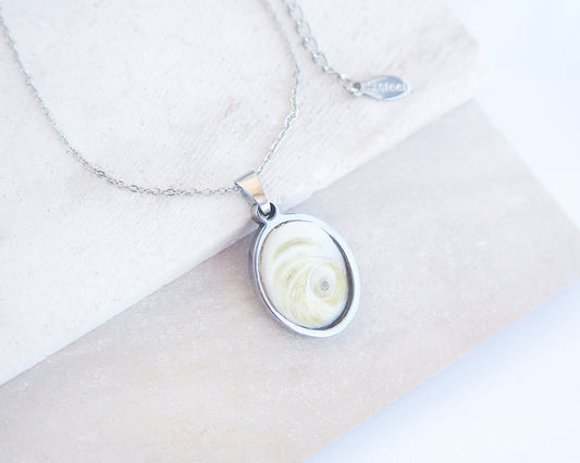 Eye of Saint Lucia Silver Necklace front view with plant background, silver stainless steel shiva eye pendant necklace, Saint Lucy Eye, operculum pendant