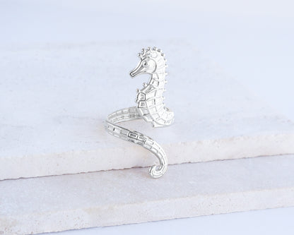 Silver Hippocampus Ring on stone displayed, Hippocampus silver stainless steel ring, perfect gift for seahorse lovers