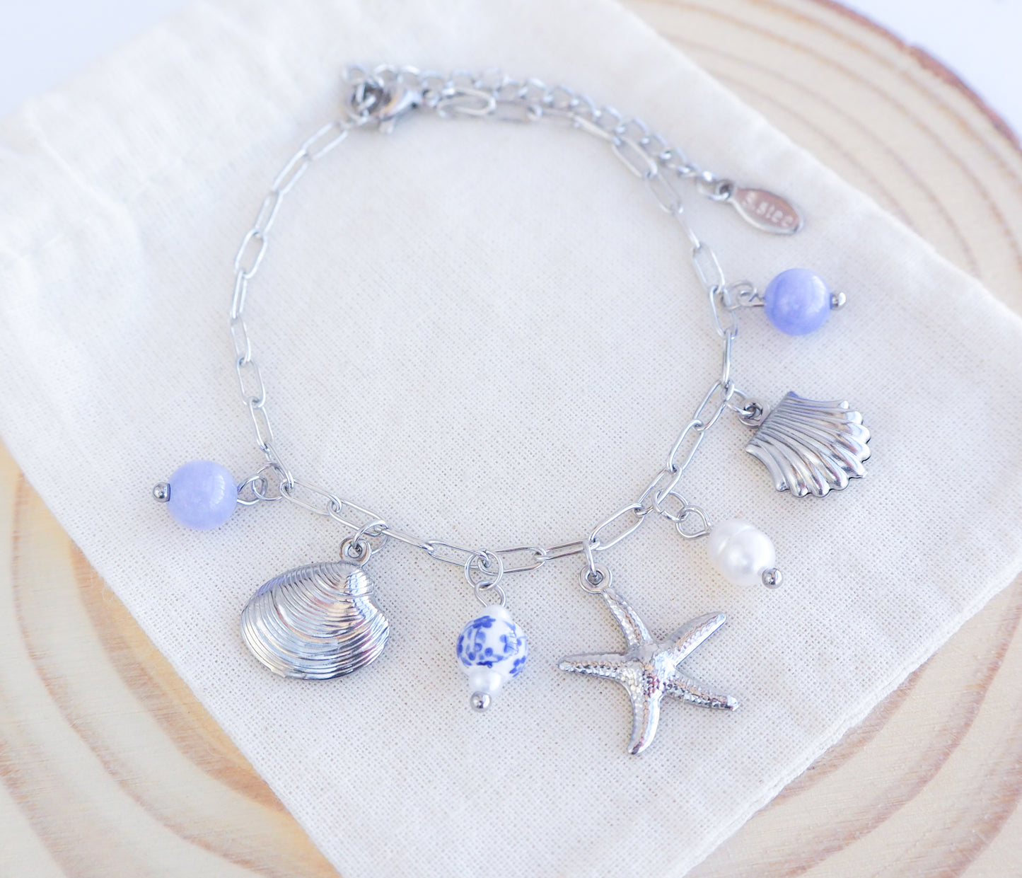 Silver Oceanic Charm Bracelet with Azulejo Tile Beads, Gemstones, Starfish, Sea Star and Shell pendants