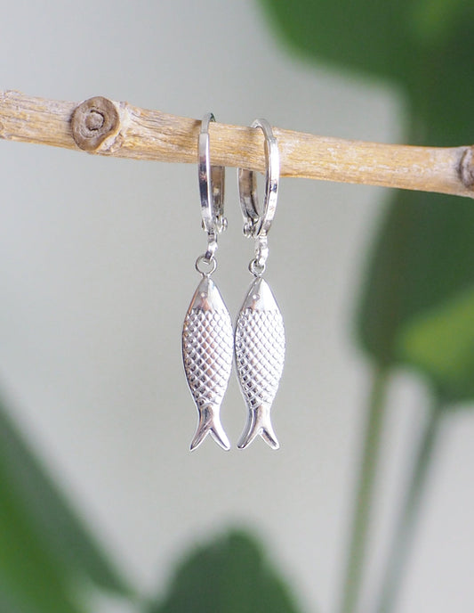 Silver Sardine Fish Earrings from Portugal  front view