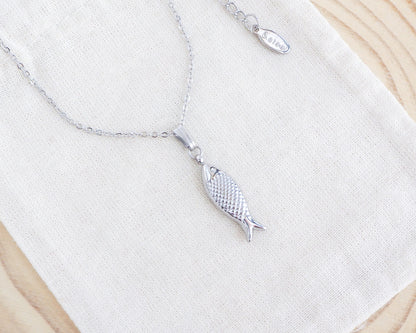 Silver Sardine Fish Necklace from Portugal on display