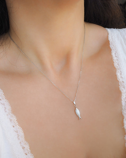 Silver Sardine Fish Necklace on neck model, Sardine Fish Jewelry from Portugal 