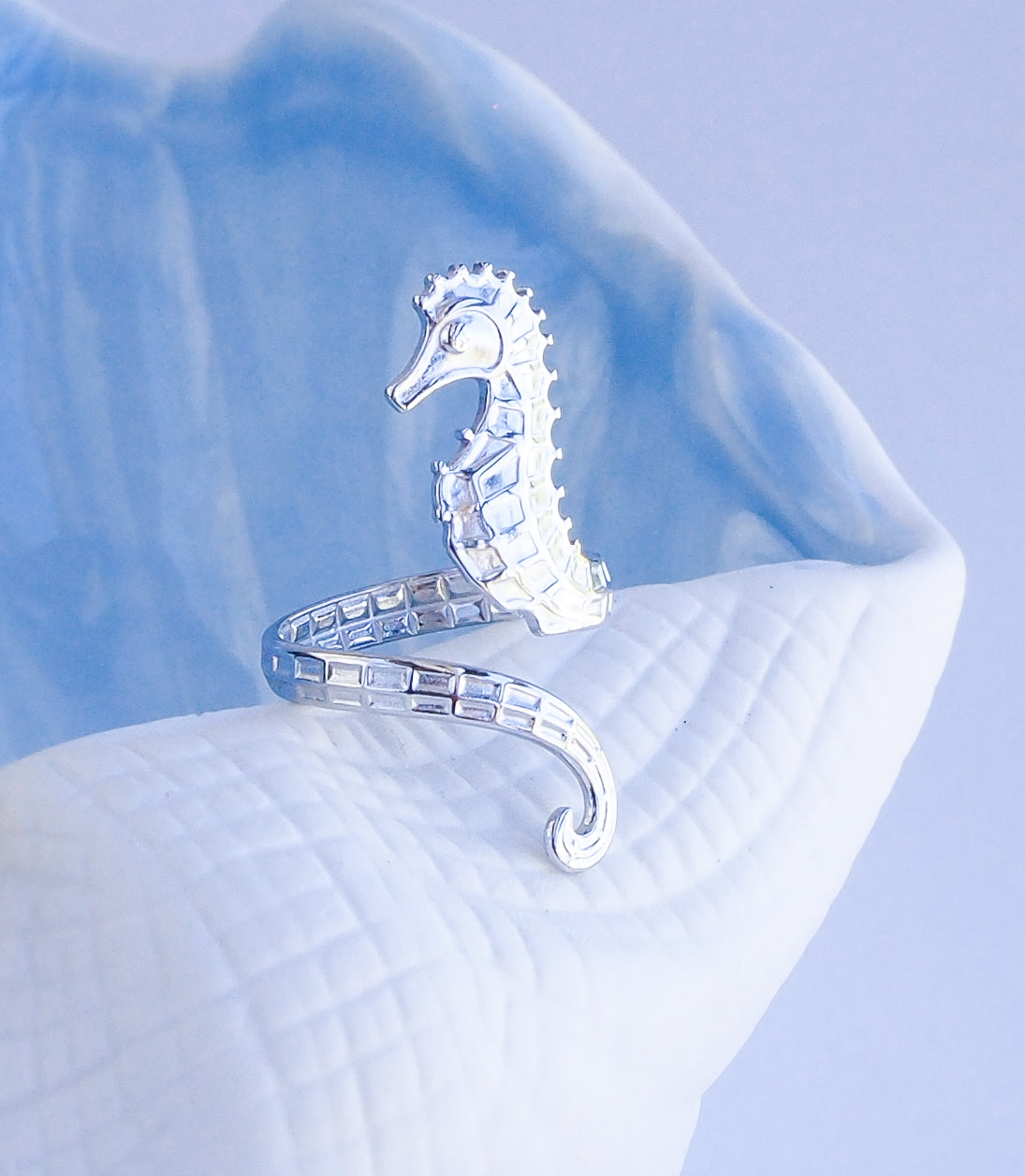 Silver seahorse ring on blue background, hippocampus ring 14k gold stainless steel