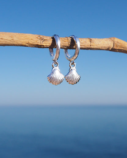 Silver Tiny Seashell Huggie Earrings, 14k gold vermeil or 925 Sterling Silver, Dainty Tiny Scallop Shell Pendant Hoop Earrings, Sea by Lou jewelry, Minimalistic Coastal Jewelry