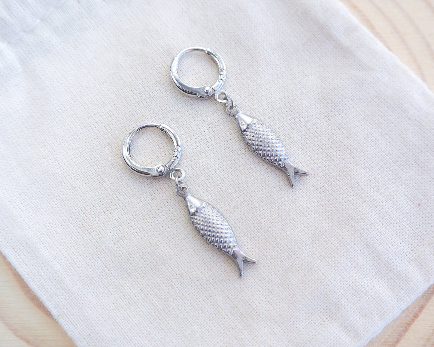 Close-up of Portuguese Sardine Earrings Sterling Silver - Sea by Lou - Coastal Earrings - Seabylou - Portugal Sardine Jewelry