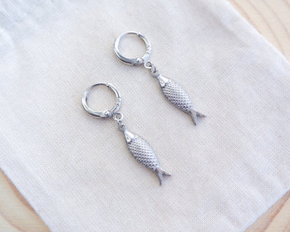 Close-up of Portuguese Sardine Earrings Sterling Silver - Sea by Lou - Coastal Earrings - Seabylou - Portugal Sardine Jewelry