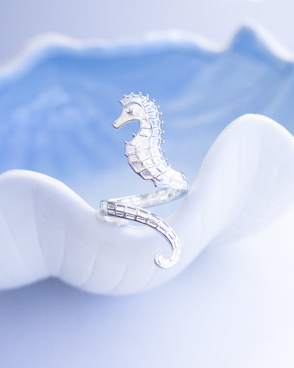 Silver seahorse ring on blue background, hippocampus ring 14k gold stainless steel