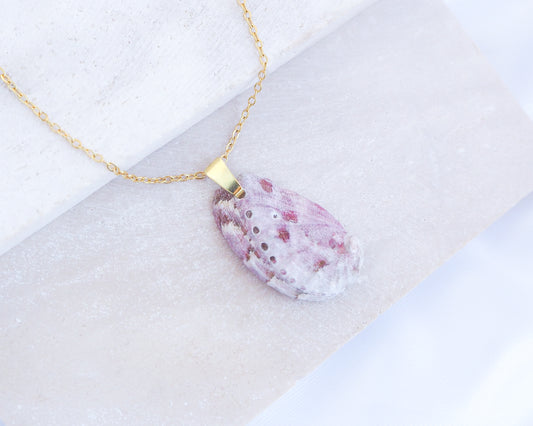 Soft Lilac Abalone Shell Gold Necklace from Portugal on stone displayed