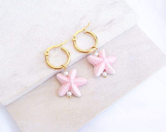 Soft Pink Ceramic Starfish Gold Earrings, 14k gold stainless steel hoops with pink ceramic sea star pendants 