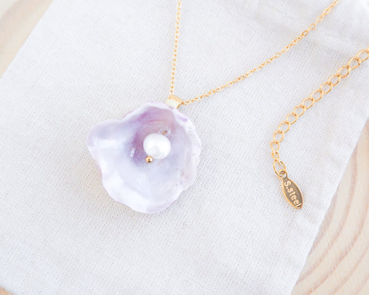 Soft Pink Pearly Shell Necklace, Gold Jingle Shell Necklace on display, Sea by Lou, Mother of Pearl Shell Portugal 
