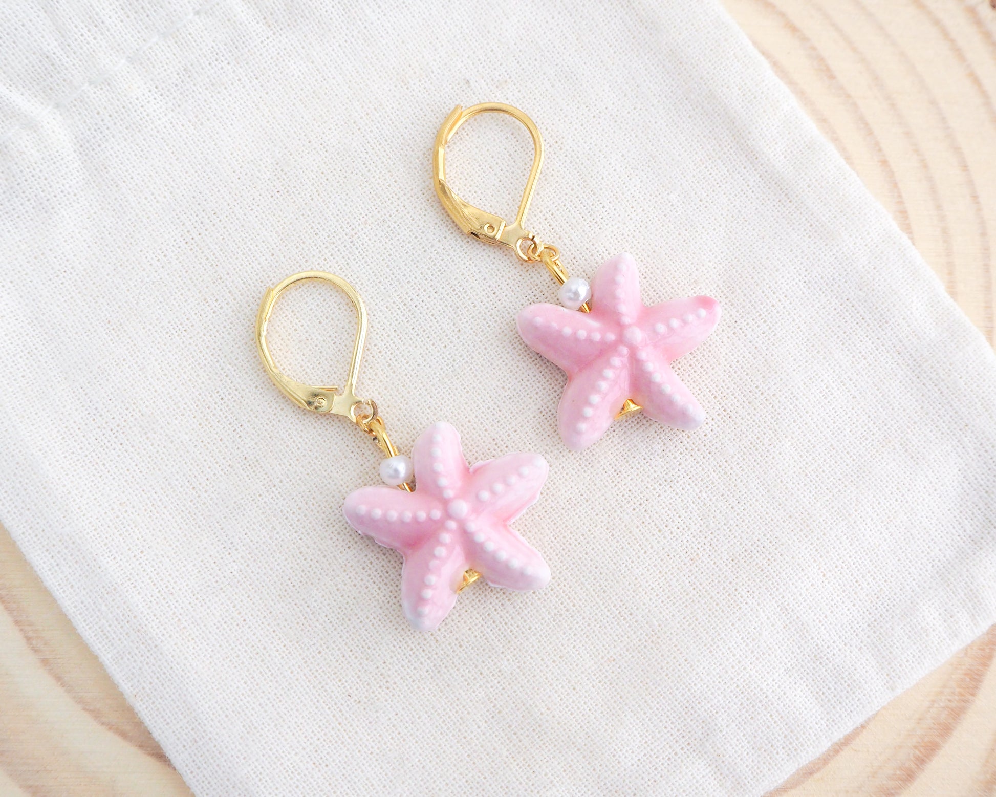 Soft Pink Starfish Gold Earrings made of Ceramic