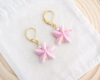 Soft Pink Starfish Gold Earrings made of Ceramic