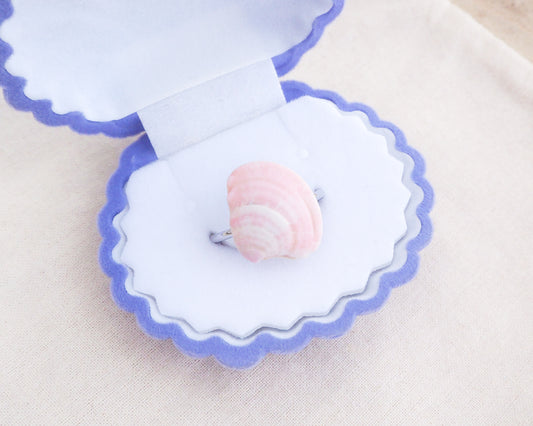 Soft Pink Venus Shell Silver Ring in box displayed