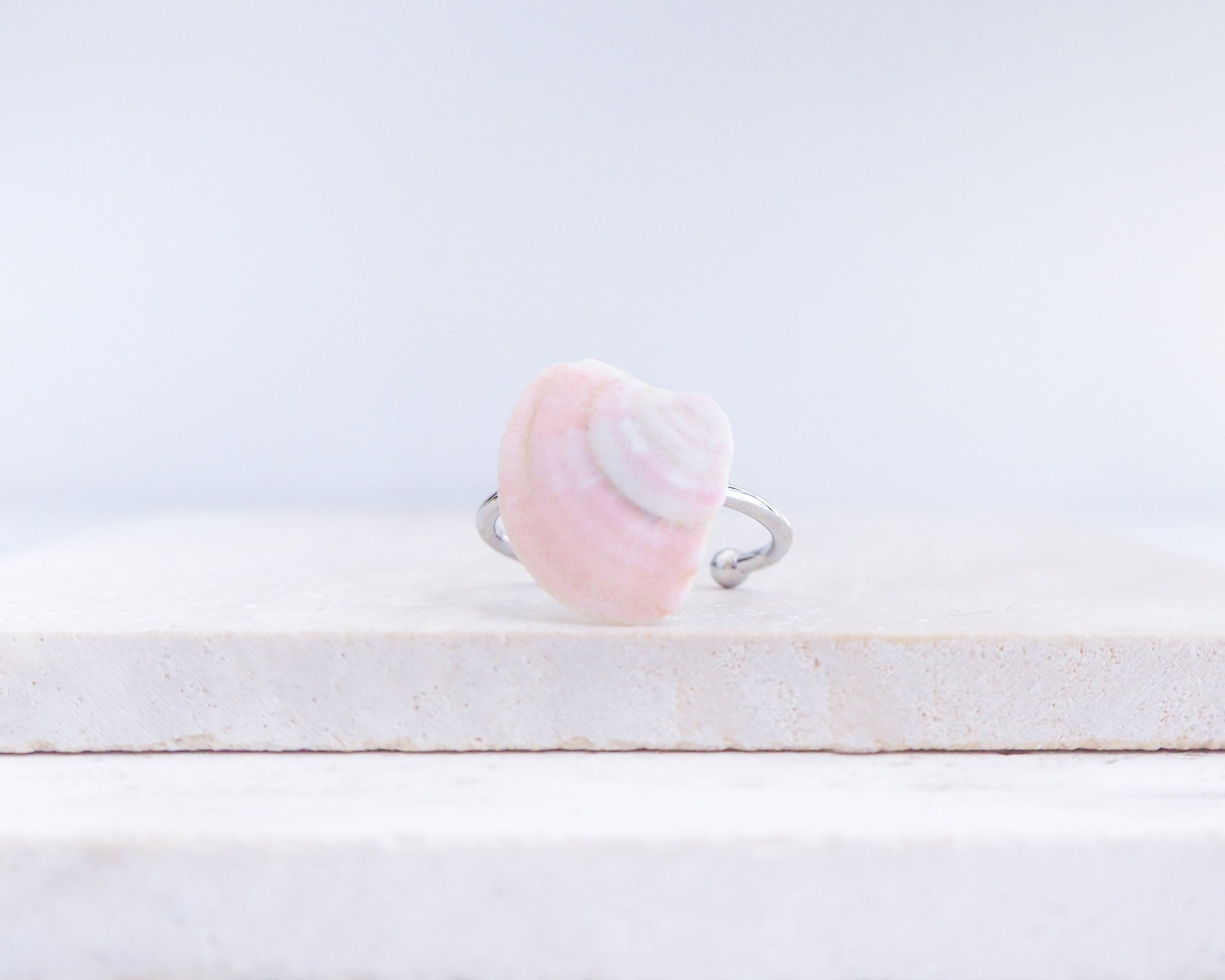 Soft Pink Venus Shell Silver Ring III on display, Pink Venus Shell from Portugal front view