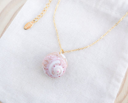 Soft Pink White Shell Gold Necklace, Pink White Magus Top Shell from Portugal on display 