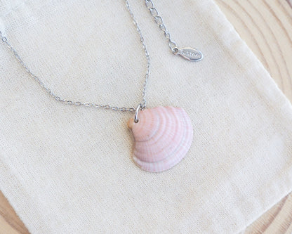Soft Pink White Striped Venus Shell Silver Necklace from Portugal on display, Handpicked seashell from Algarve Portugal with silver necklace chain, perfect gift for beach girls, holiday memory portugal