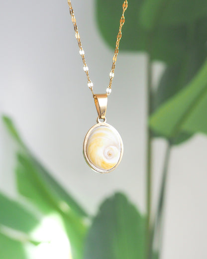 Soft Yellow Eye of Saint Lucia Gold Necklace with green plant background, 18k gold stainless steel Yellow shiva eye pendant necklace, Saint Lucy Eye, operculum pendant