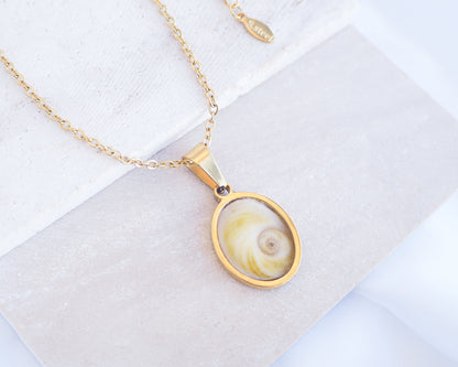 Soft Yellow Shiva Eye Necklace II on stone displayed. Light Eye of Saint handpicked from Portugal, 18k gold stainless steel shiva eye pendant necklace, Saint Lucy Eye, operculum pendant