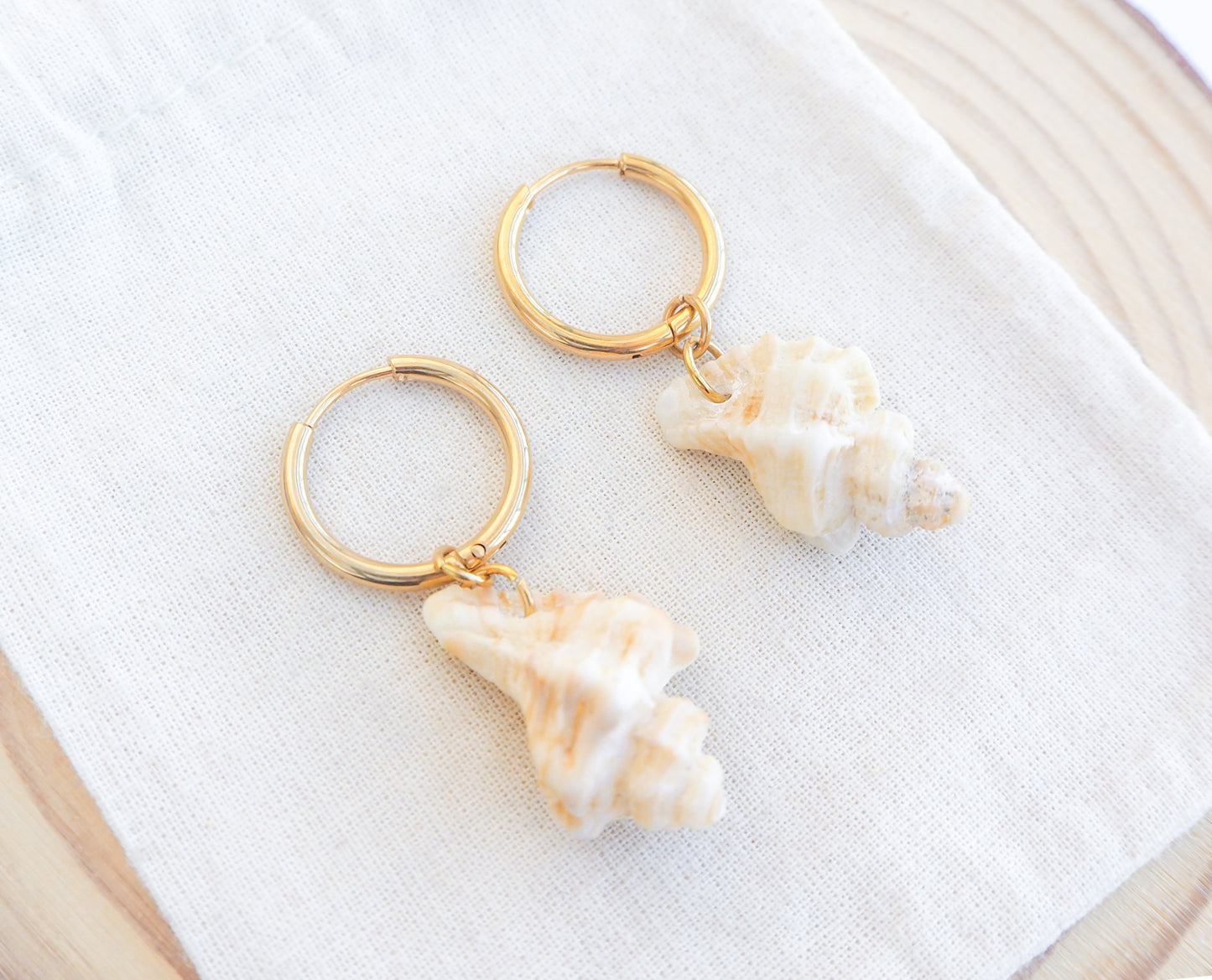 Gold Sting Winkle Shell Hoop 16mm Earrings from Portugal on display