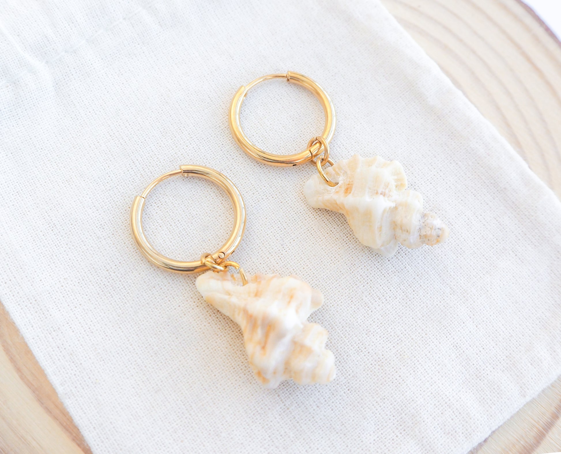 Gold Sting Winkle Shell Hoop 16mm Earrings from Portugal on display