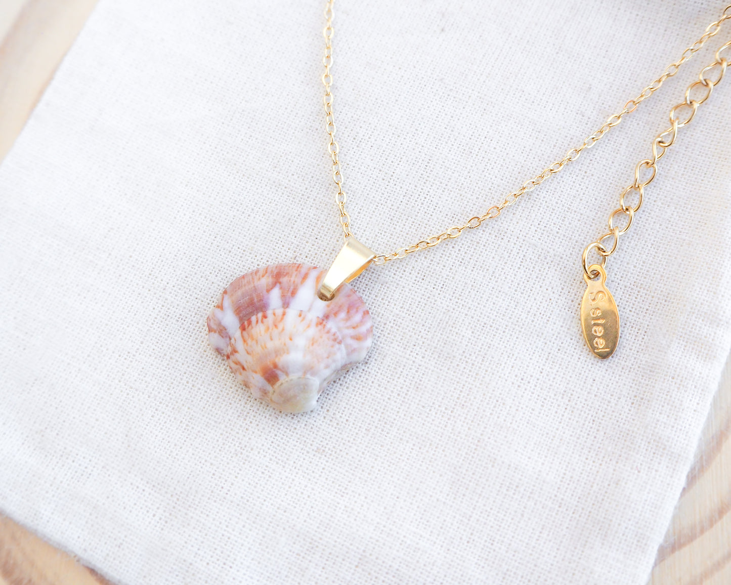 Close up of strawberry venus seashell pendant. The pendant is a natural seashell with red and white hues with a unique marble pattern. The chain and clasp are 18k gold stainless steel. The necklace is displayed on a white cloth. The necklace has a delicate chain and an adjustable clasp. The pendant is approximately 2.5 cm in length.