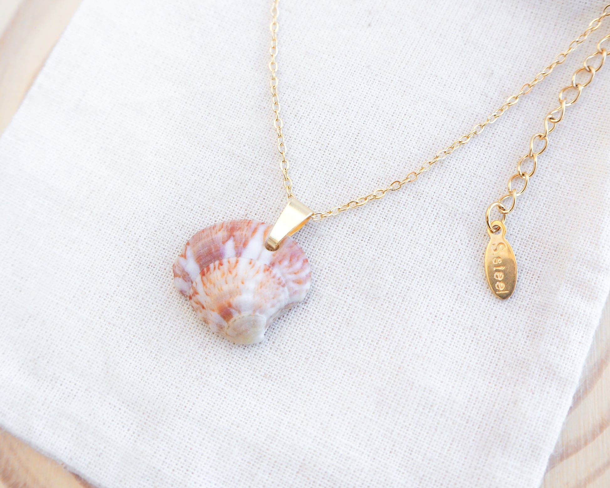 Close up of strawberry venus seashell pendant. The pendant is a natural seashell with red and white hues with a unique marble pattern. The chain and clasp are 18k gold stainless steel. The necklace is displayed on a white cloth. The necklace has a delicate chain and an adjustable clasp. The pendant is approximately 2.5 cm in length.