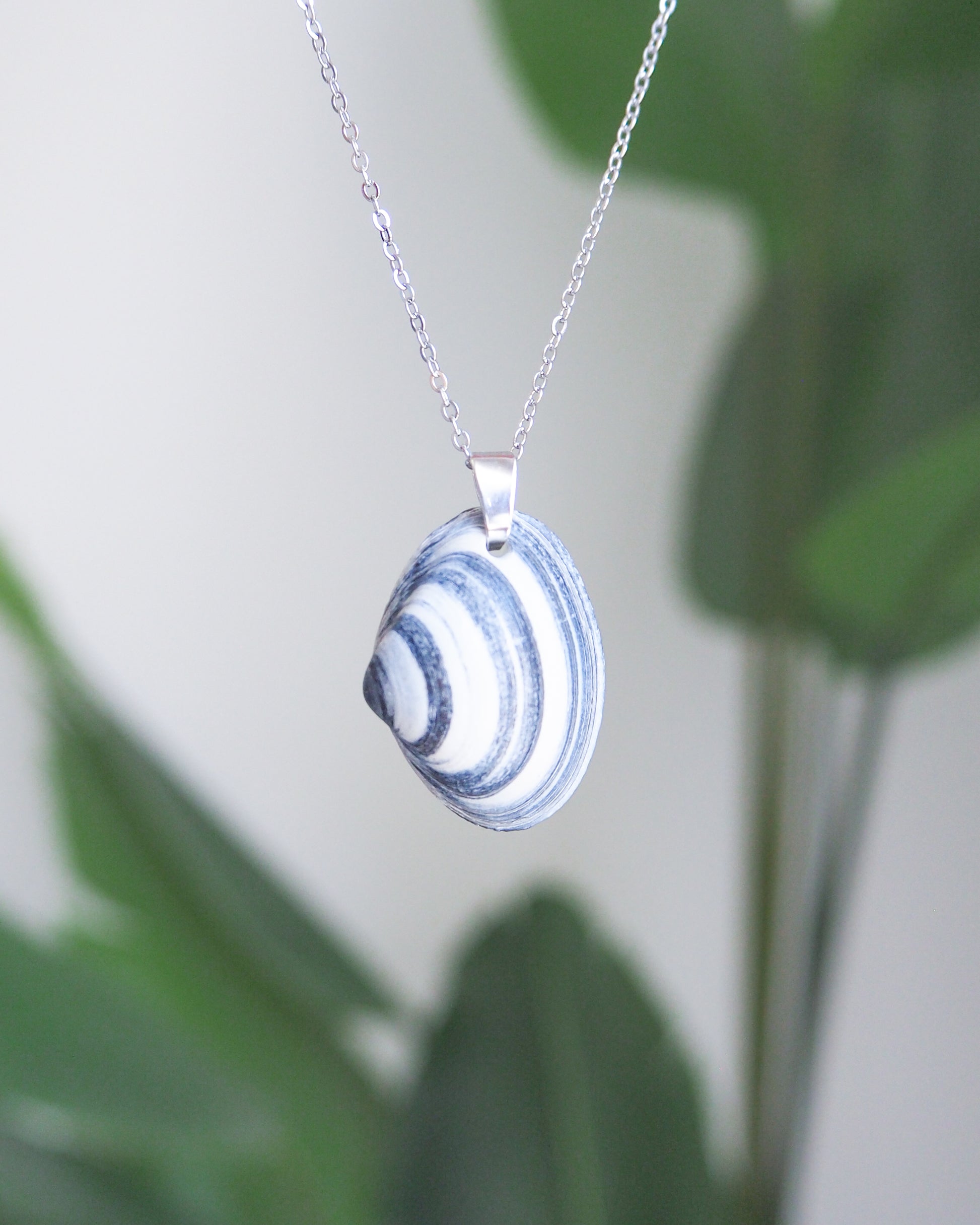 Striped Blue Atlantic Surfclam Shell Silver Necklace from Portugal front view