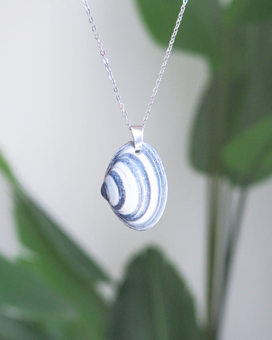 Striped Blue Atlantic Surfclam Shell Silver Necklace from Portugal front view
