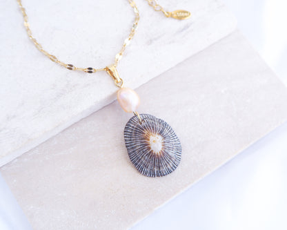 Front view of Striped Limpet Shell Pearl Necklace on display, Dark Limpet Shell from Portugal with freshwater pearl and gold chain. 